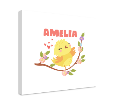 Cuadro de pájaros Pollito con nombre y flores - TenVinilo
