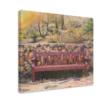 Cuadro flores Banco de madera cottagecore entre rosas - TenVinilo