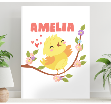 Cuadro de pájaros Pollito con nombre y flores - TenVinilo