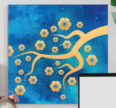 Cuadro en 3d Cereza dorada sobre fondo azul negro - TenVinilo