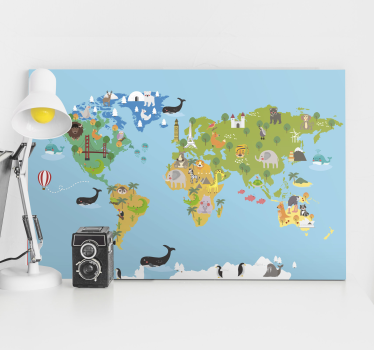 Cuadro mapa mundi Animales de dibujos animados - TenVinilo