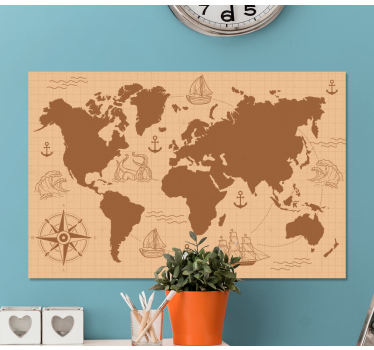 Cuadro mapa mundi Marrón con brújula - TenVinilo