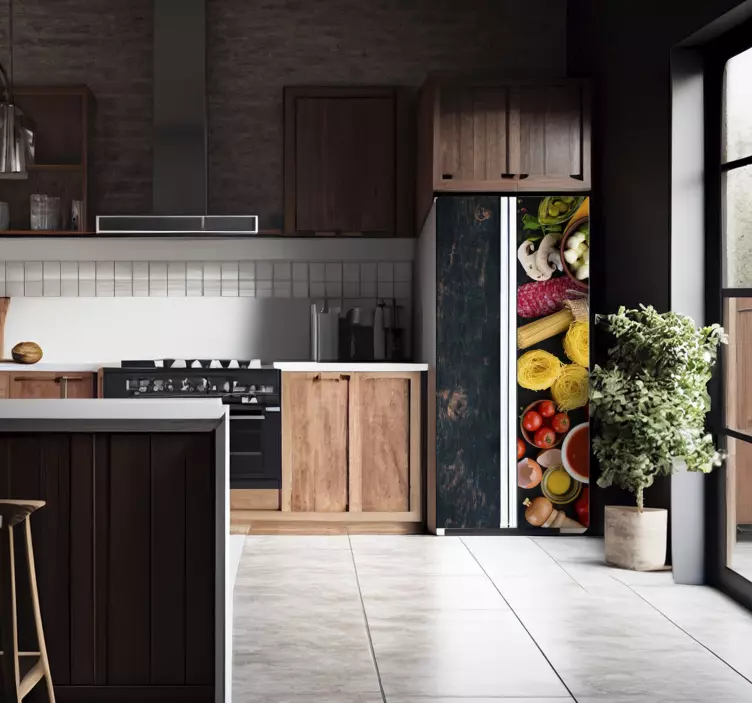 Pegatina para nevera vinilo comida sobre madera - TenVinilo