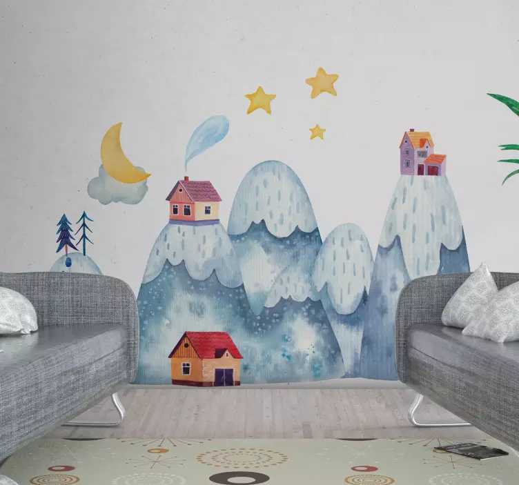 Vinilo naturaleza Montaña con casas sobre fondo azul - TenVinilo
