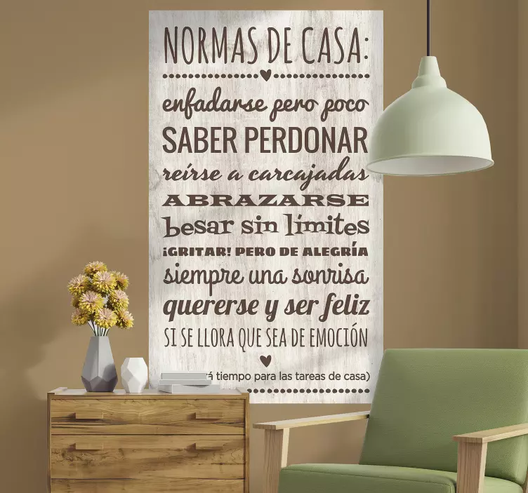 Vinilo frase reglas de la casa textura madera - TenVinilo