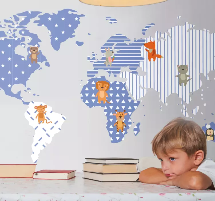 Vinilo mapamundi mapa ilustrado de animales - TenVinilo
