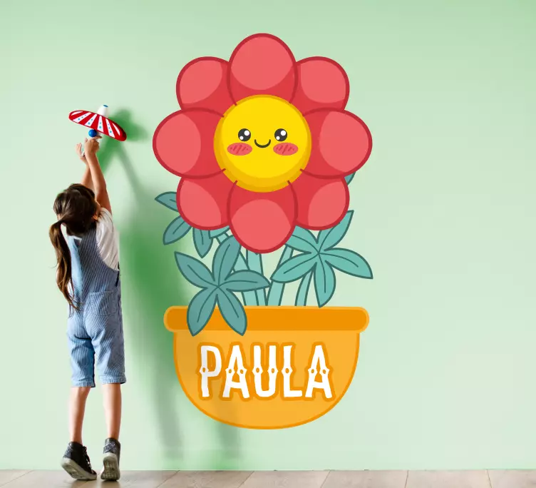 Vinilo flores Maceta naranja con nombre personalizado - TenVinilo