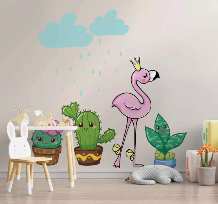 Vinilo planta Cactus para niños con flamingo - TenVinilo
