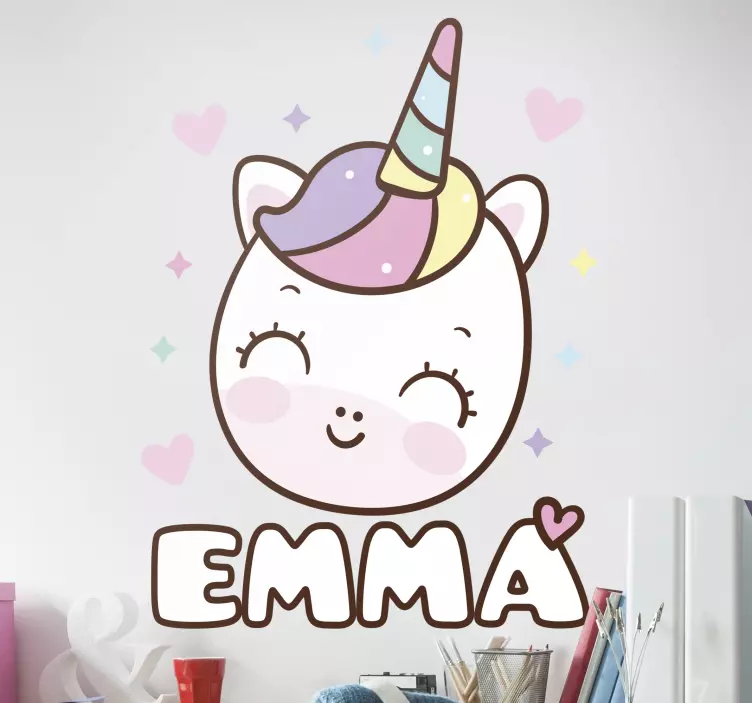 Vinilo unicornio feliz con nombre tonos pastel - TenVinilo