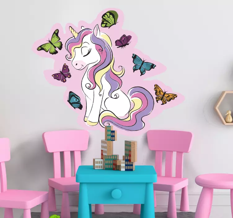 Vinilo ilustración Unicornio mágico con mariposas multicolores - TenVinilo