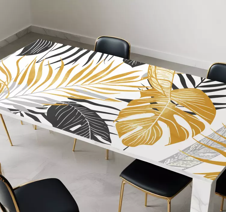 Vinilo para comedor hojas gris oscuro y doradas - TenVinilo