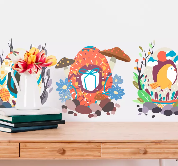 Vinilo pared Pascua huevos con animales - TenVinilo