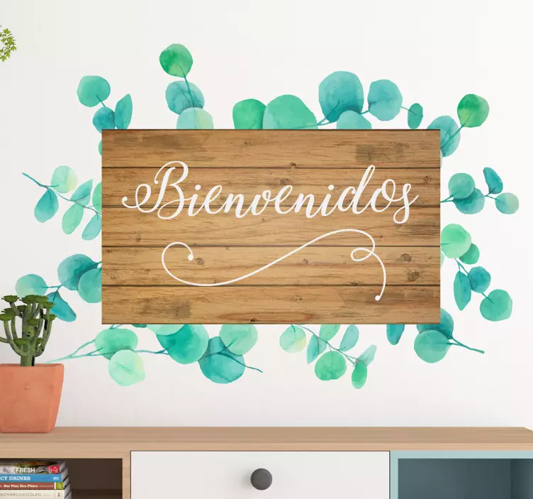 Vinilo para recibidor eucalipto texto bienvenida - TenVinilo