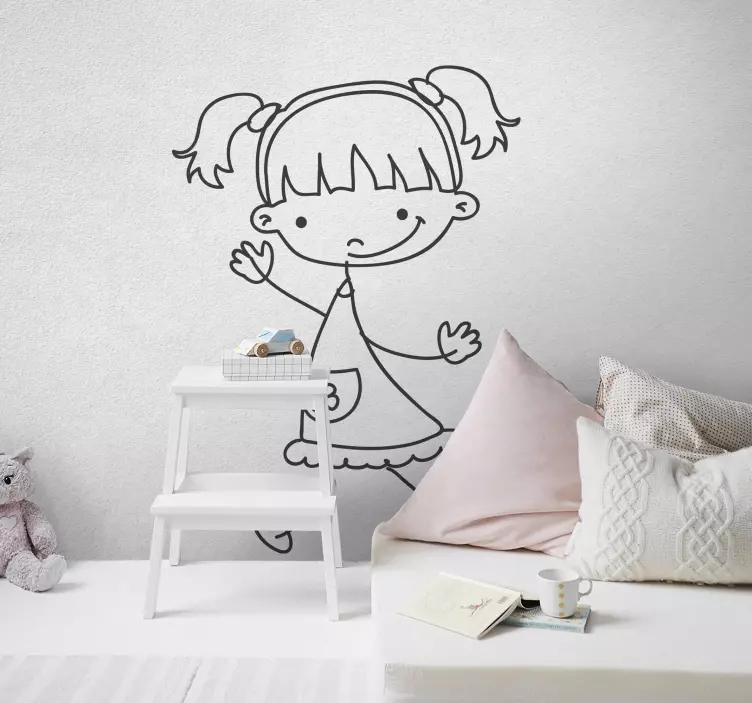 Vinilo infantil dibujo línea niña feliz - TenVinilo