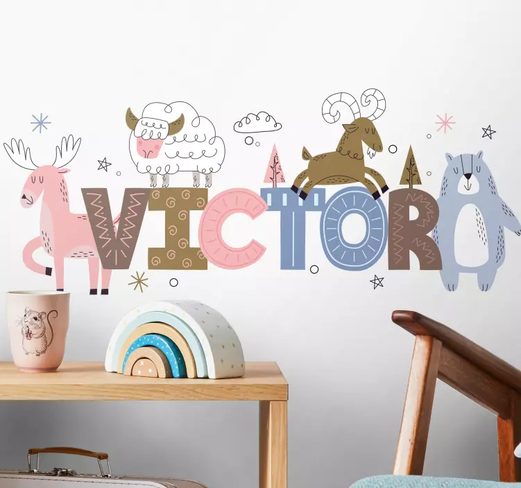 Vinilo infantil para pared animales con nombre - TenVinilo