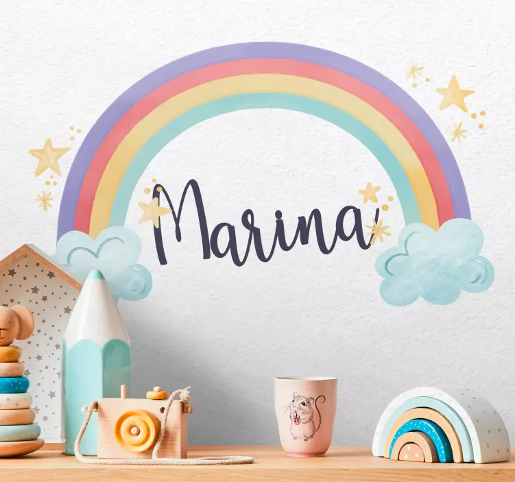 Vinilo infantil para pared arcoíris con nombre personalizado - TenVinilo