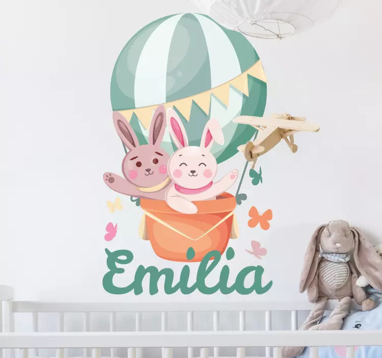 Vinilo infantil para pared conejitos personalizados en globo - TenVinilo