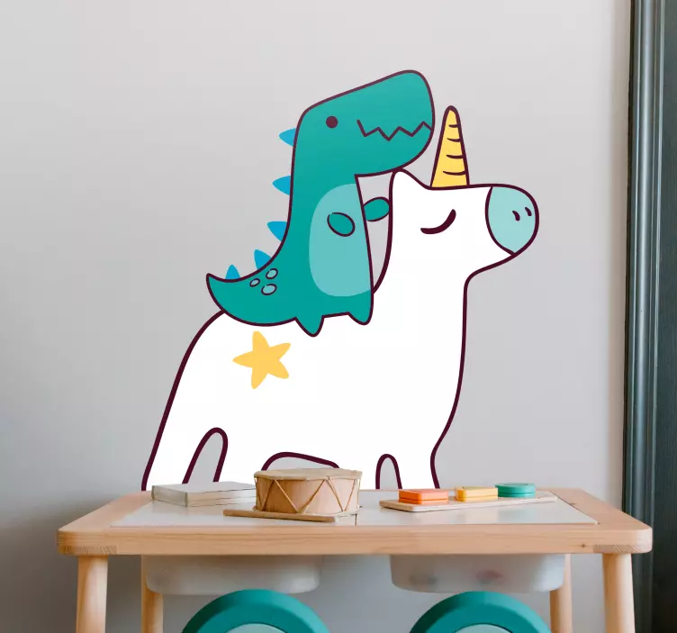 Vinilo infantil para pared dinosaurio montando unicornio - TenVinilo