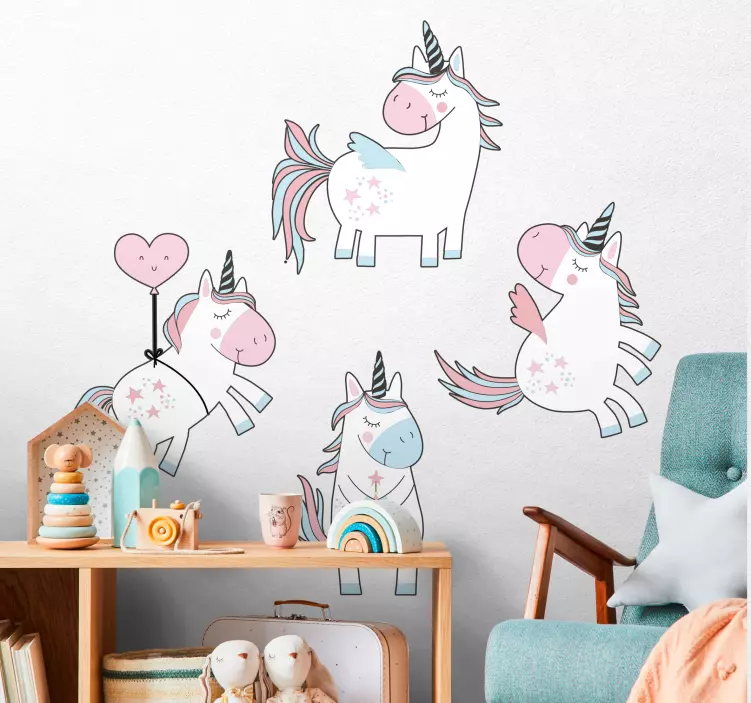 Vinilo infantil para pared encantadoras figuras de unicornio - TenVinilo