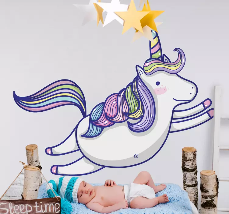Vinilo infantil para pared ilustración de unicornio juguetón - TenVinilo