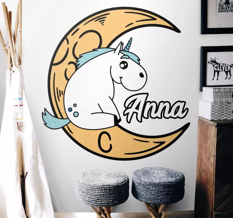 Vinilo infantil para pared luna de unicornio personalizada - TenVinilo