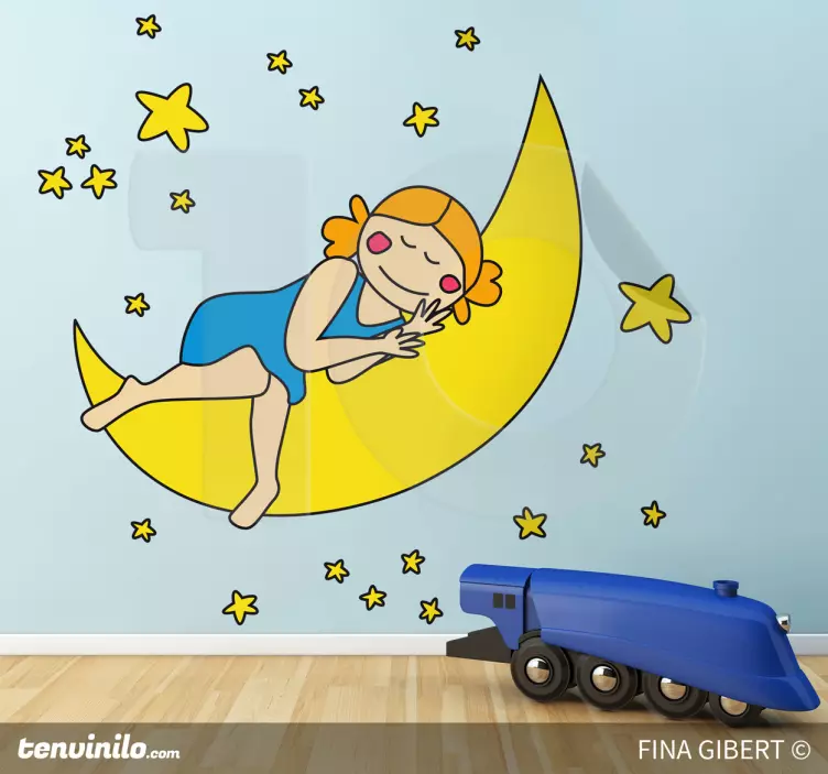 Vinilo infantil para pared niña durmiendo en la luna - TenVinilo