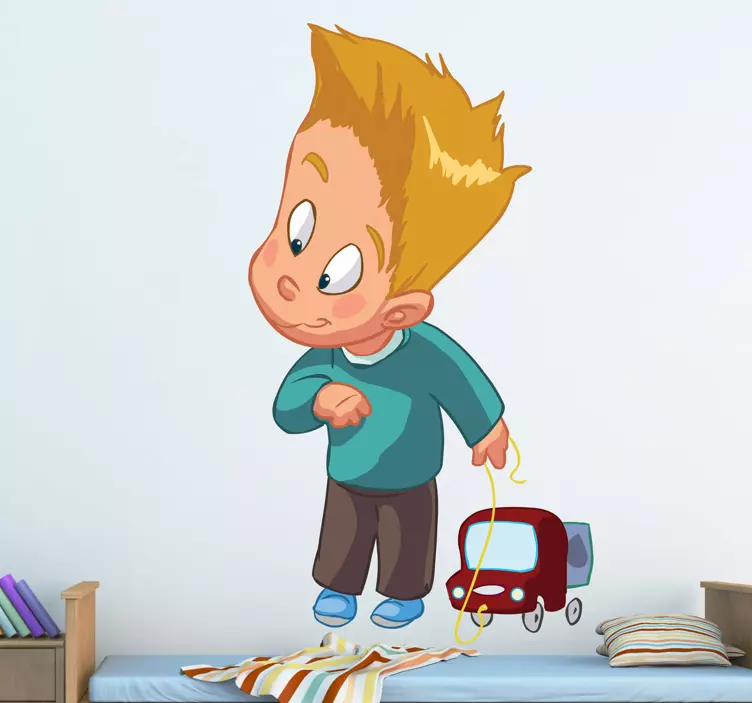 Vinilo infantil para pared niño juguetón tirando de juguete - TenVinilo