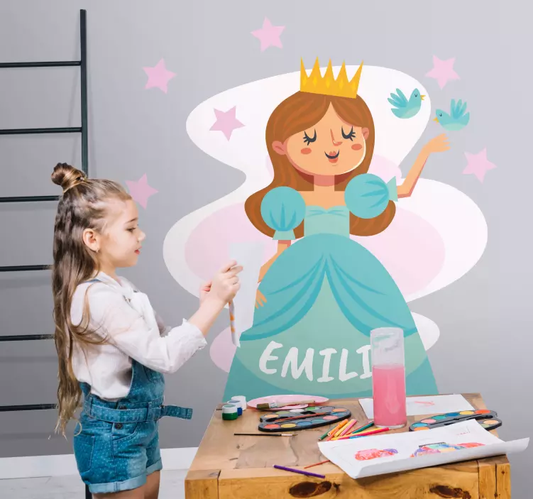 Vinilo infantil para pared princesa azul con nombre - TenVinilo