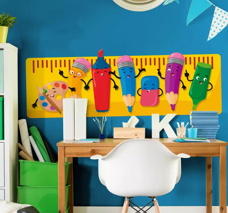 Vinilo infantil para pared personajes alegres de papelería - TenVinilo