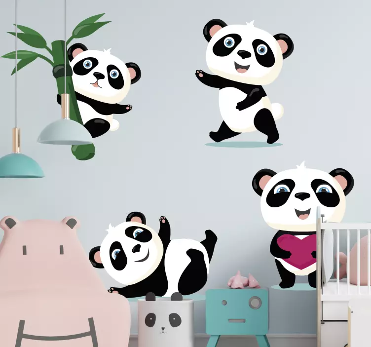 Vinilo infantil para pared personajes de panda adorables - TenVinilo