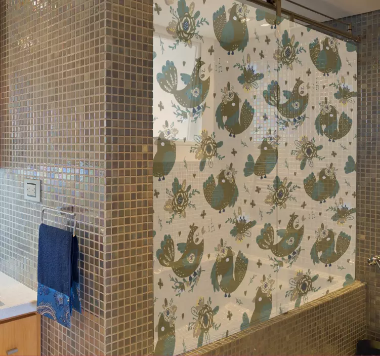 Vinilo mampara baño encantadores patrones de aves - TenVinilo