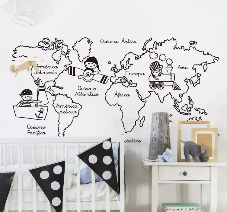 Vinilo mapamundi monocolor ilustración continentes - TenVinilo