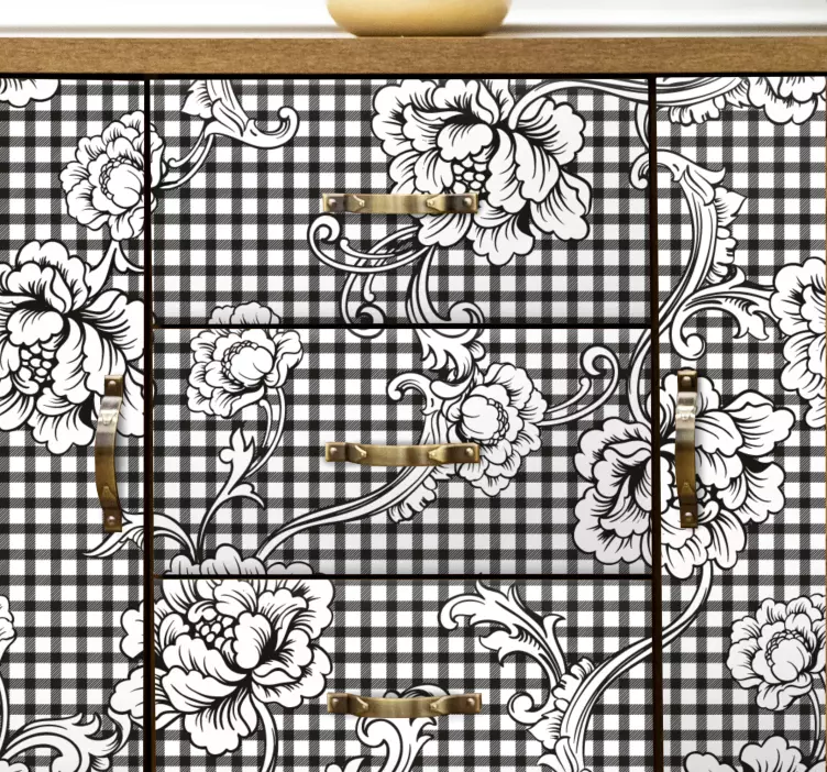 Vinilo para mueble Patrón de cuadros vichy vintage en blanco y ne - TenVinilo