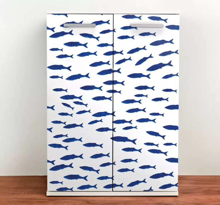 Vinilo para mueble Patrón de peces azules sobre fondo blanco. - TenVinilo