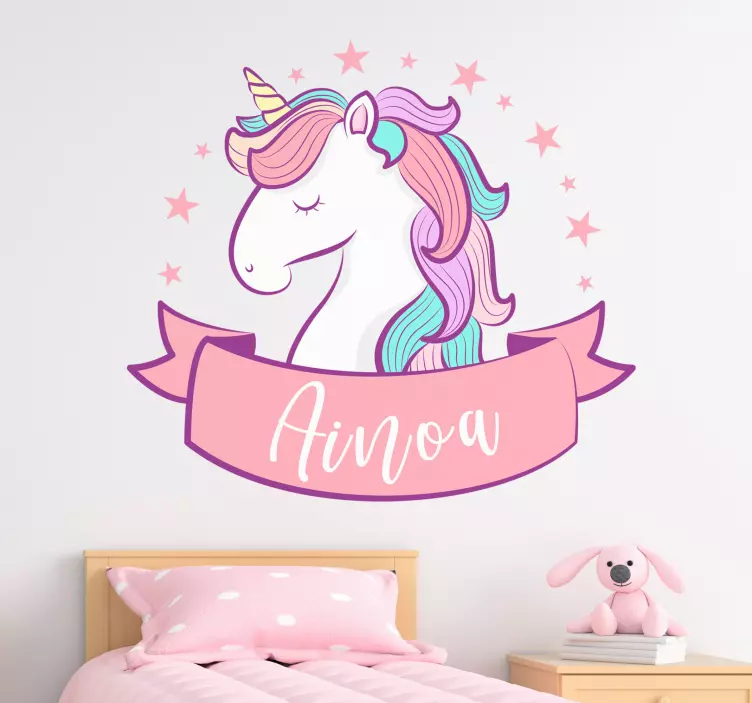 Vinilo infantil unicornio rosa personalizable - TenVinilo