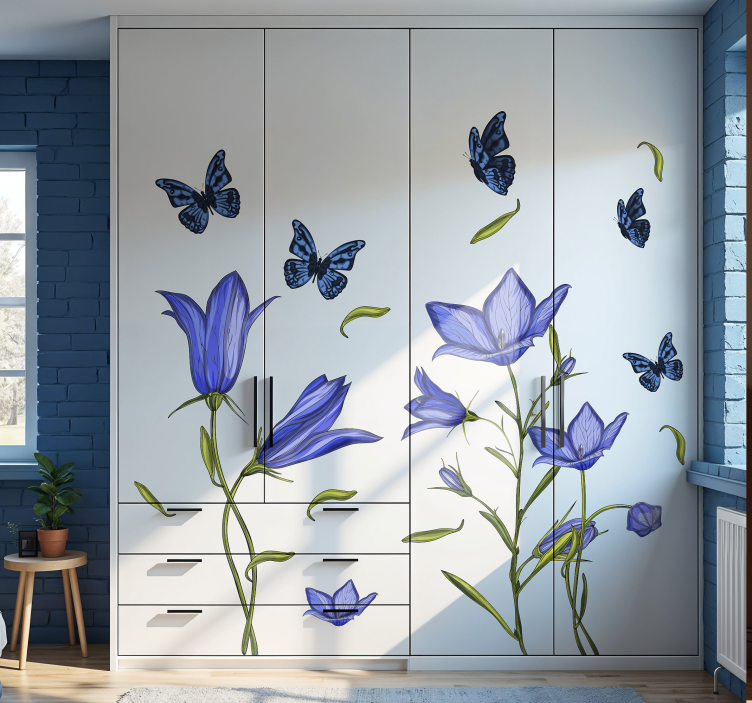 Vinilo para mueble flores azules con mariposas - TenVinilo