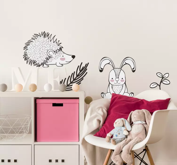 Vinilo infantil puercoespín y conejo nórdicos - TenVinilo