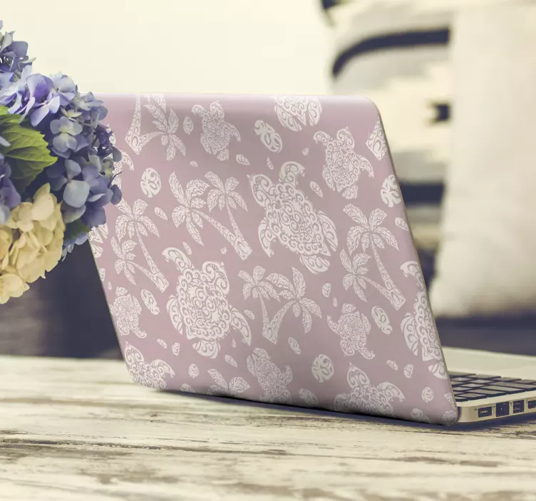 Vinilo pc tortuga hawaiana rosa patrón palma - TenVinilo