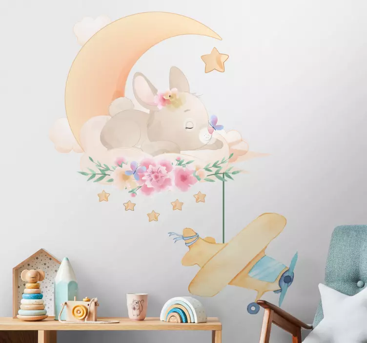 Vinilo decorativo animal Conejito durmiendo en la luna con avión  - TenVinilo