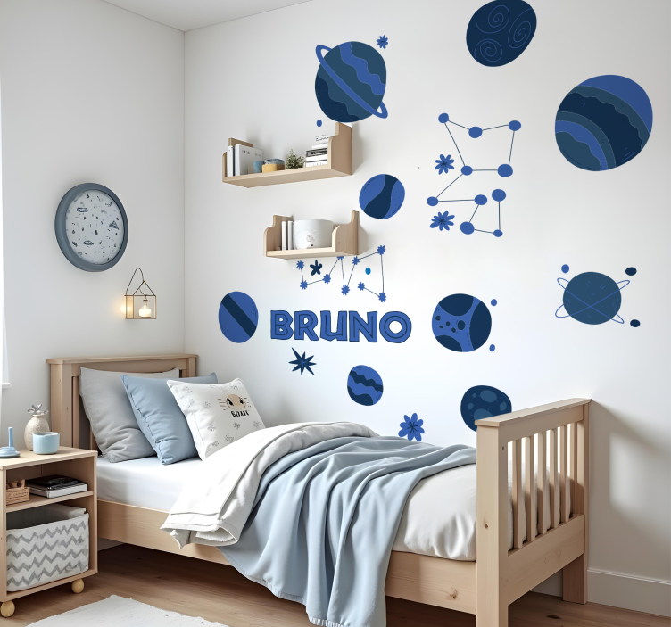 Vinilo pared elementos astronómicos azules con nombre. - TenVinilo