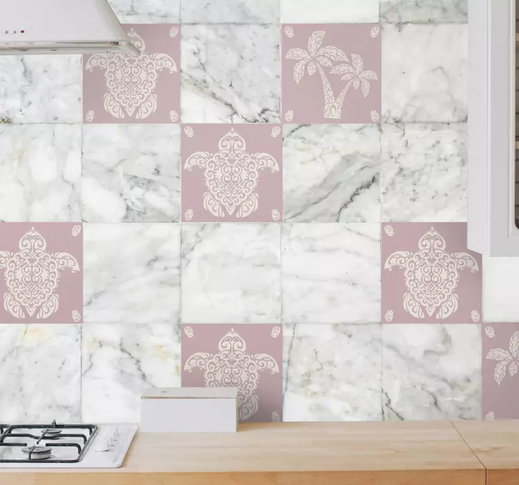 Azulejos adhesivos tortuga hawaiana y palma - TenVinilo