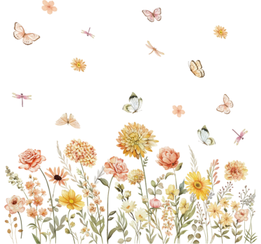Vinilo pared pradera de flores silvestres con mariposas - TenVinilo