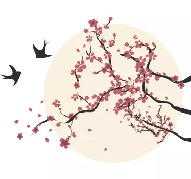 Vinilo decorativo de árbol florecido y pájaros - TenVinilo