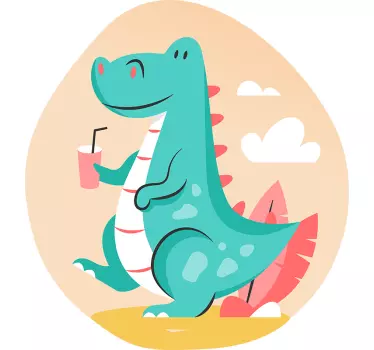 Vinilo infantil para pared dinosaurio alegre con bebida - TenVinilo