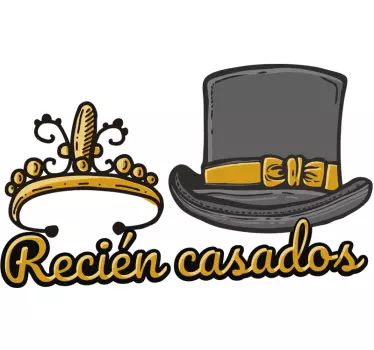 Pegatina boda para coche boda tiara y sombrero recién casados - TenVinilo