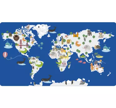 Vinilo pared azul floral fauna mapa del mundo vinilo  - TenVinilo