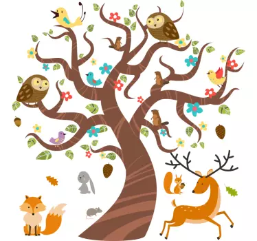 Vinilo para bebés de animales en árbol invierno - TenVinilo