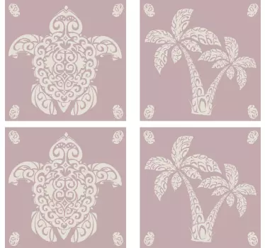 Vinilos azulejos patrón  tortuga hawaiana y palma - TenVinilo