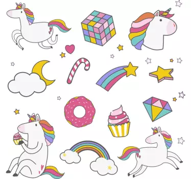Vinilo para pared infantiles set de unicornios y arcoiris - TenVinilo