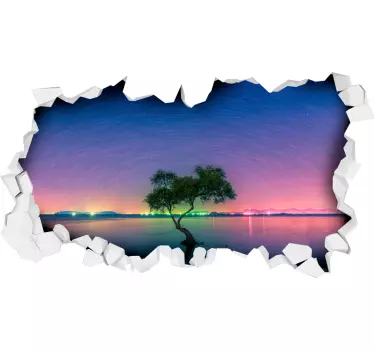 Vinilo pared 3d paisaje árbol zen en amanecer - TenVinilo